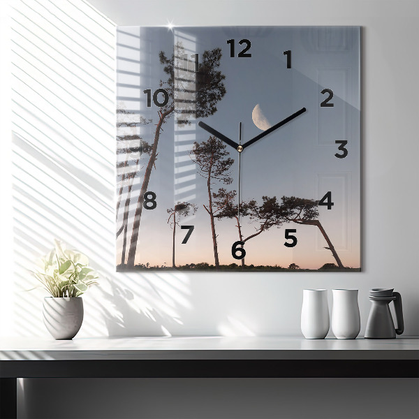 Zegar ścienny kwadratowy Półksiężyc i drzewa