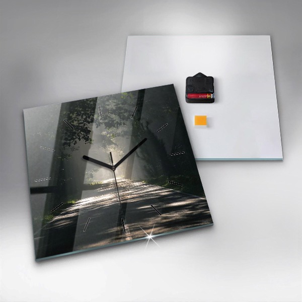 Zegar ścienny kwadratowy Leśna droga i smugi słońca