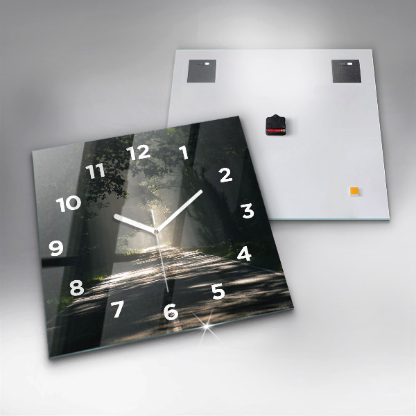 Zegar ścienny kwadratowy Leśna droga i smugi słońca
