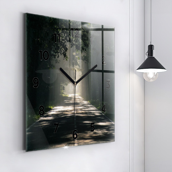 Zegar ścienny kwadratowy Leśna droga i smugi słońca