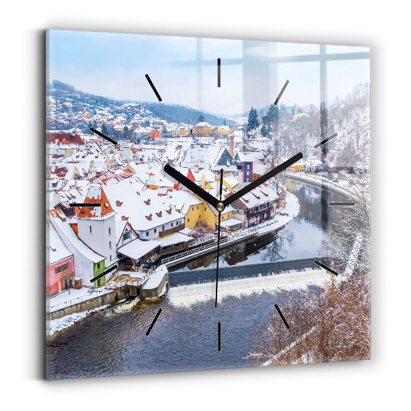 Kwadratowy zegar Panorama miasta w zimie