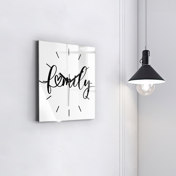 Zegar na ścianę kwadratowy Napis Family i serce