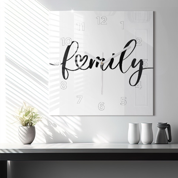 Zegar na ścianę kwadratowy Napis Family i serce