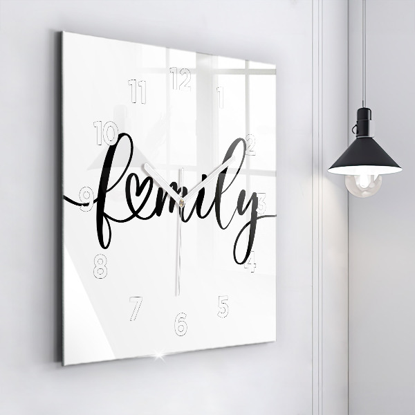 Zegar na ścianę kwadratowy Napis Family i serce