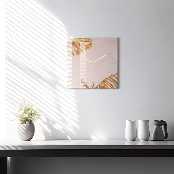 Zegar na ścianę kwadratowy Złote liście tropikalne