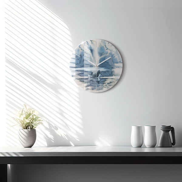 Zegar ścienny okrągły Zimowe jezioro Łódka