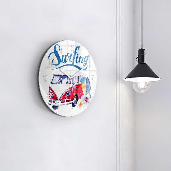 Zegar szklany okrągły Samochód i napis Surfing