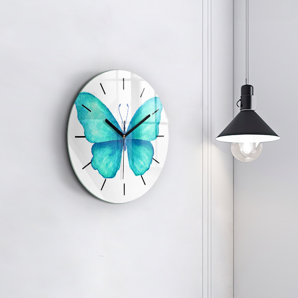 Zegar szklany okrągły Turkusowy letni motyl