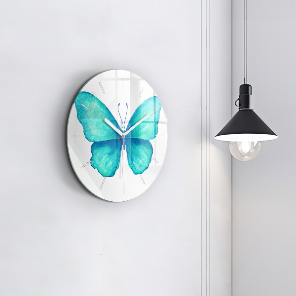 Zegar szklany okrągły Turkusowy letni motyl