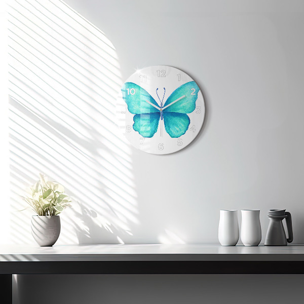 Zegar szklany okrągły Turkusowy letni motyl
