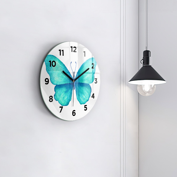 Zegar szklany okrągły Turkusowy letni motyl
