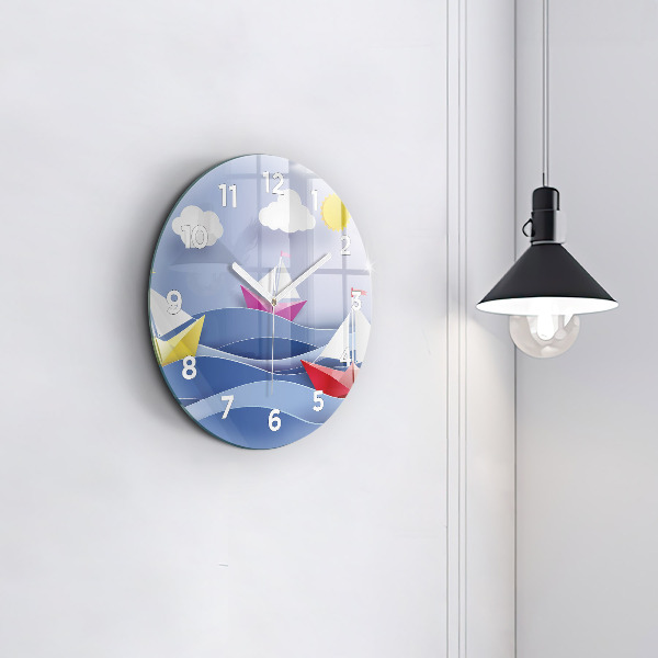 Zegar szklany okrągły Origami kolorowe żaglówki