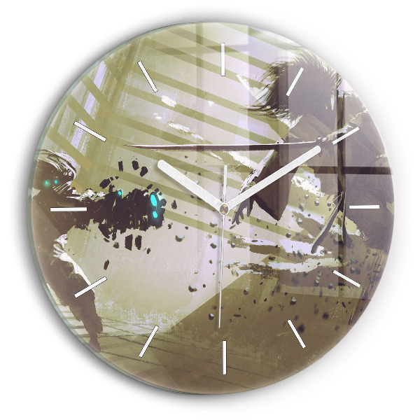 Zegar szklany okrągły Walka robota i samuraja