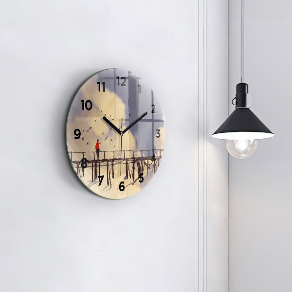 Zegar szklany okrągły Człowiek na starym moście