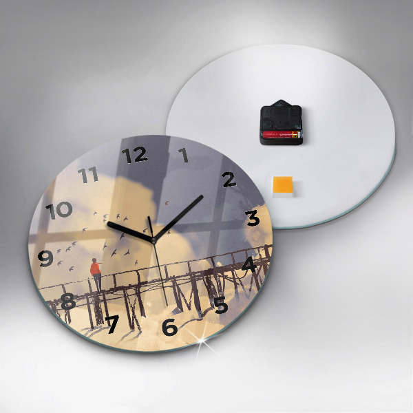 Zegar szklany okrągły Człowiek na starym moście