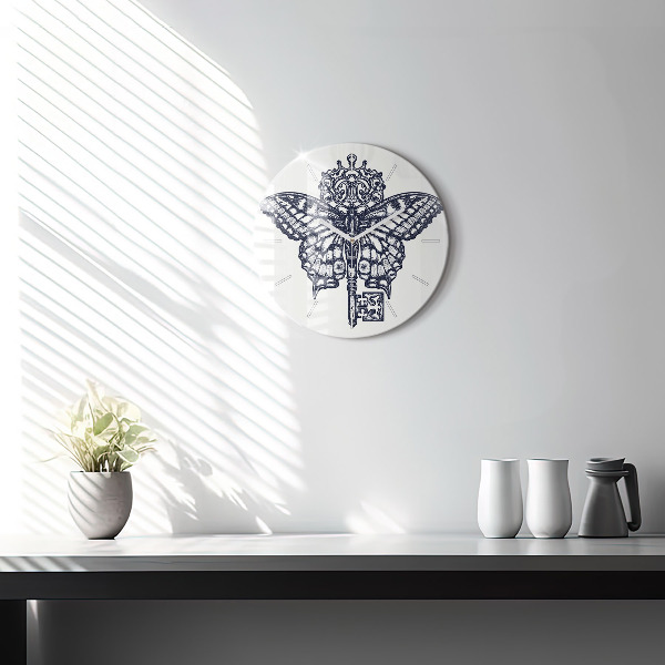 Zegar szklany okrągły Motyl i klucz – styl boho