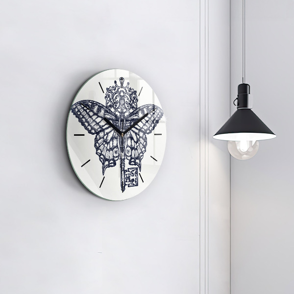 Zegar szklany okrągły Motyl i klucz – styl boho