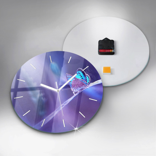 Zegar szklany okrągły Motyl na trawie