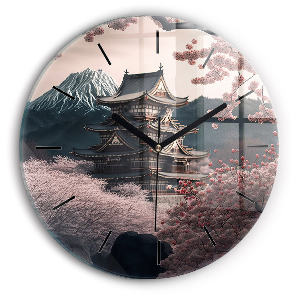Zegar szklany okrągły Wieża i kwiaty w Azji