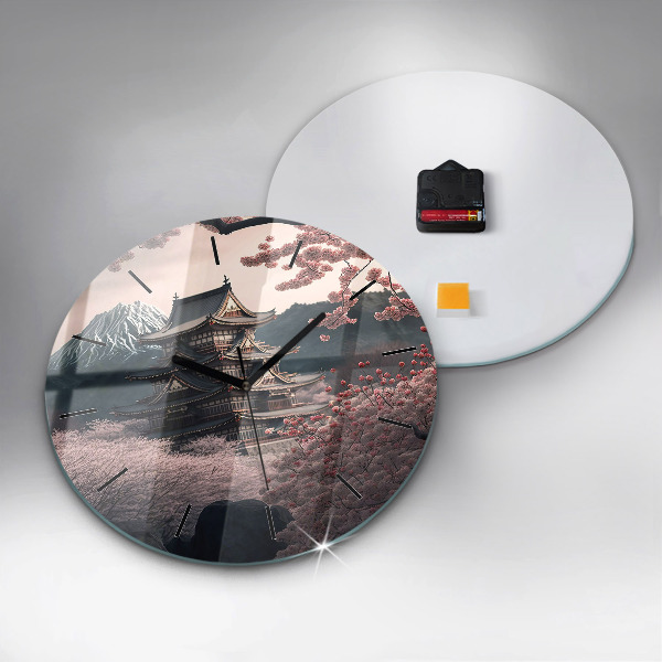 Zegar szklany okrągły Wieża i kwiaty w Azji