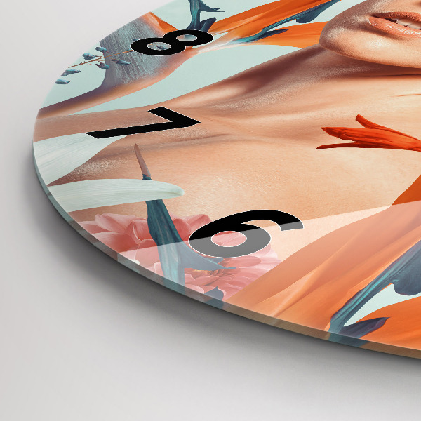 Zegar szklany okrągły Kobieta z kwiatami