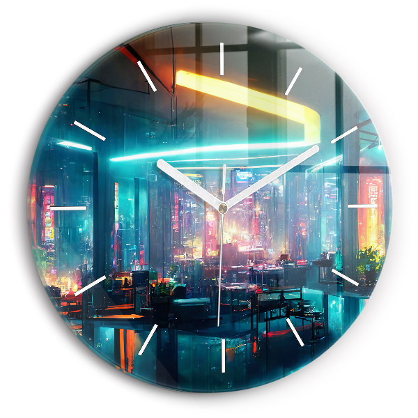 Zegar szklany okrągły Miasto w stylu cyberpunk