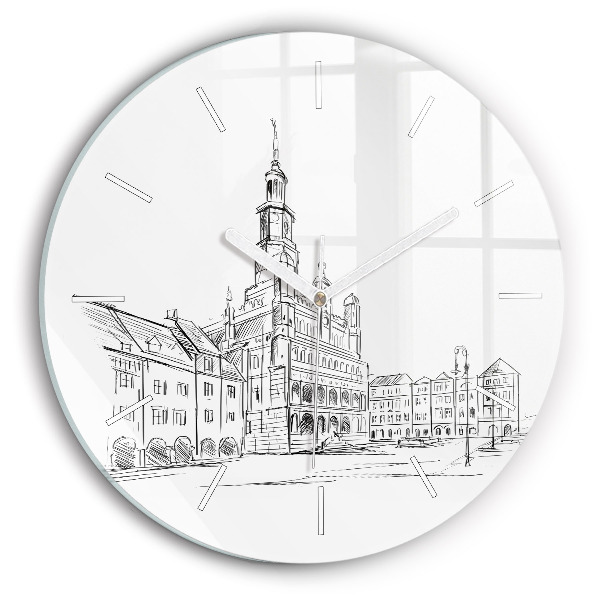Zegar szklany okrągły Szkic starego miasta Poznań