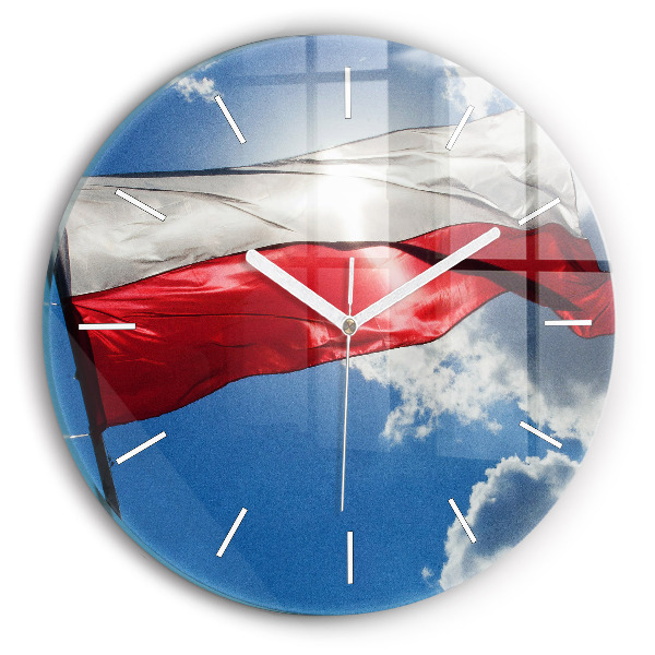 Zegar okrągły z nadrukiem Flaga Polski na tle nieba