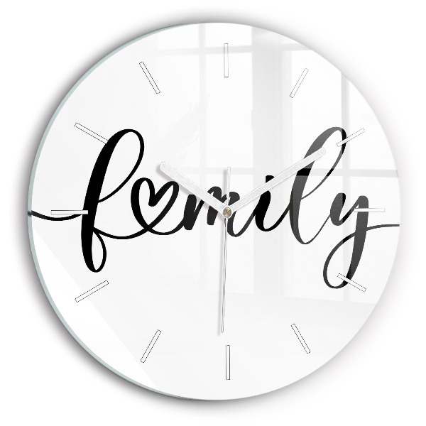 Zegar szklany okrągły Napis Family i serce
