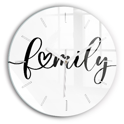 Zegar szklany okrągły Napis Family i serce