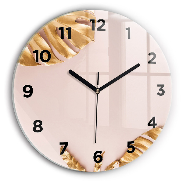 Zegar okrągły Złote liście tropikalne