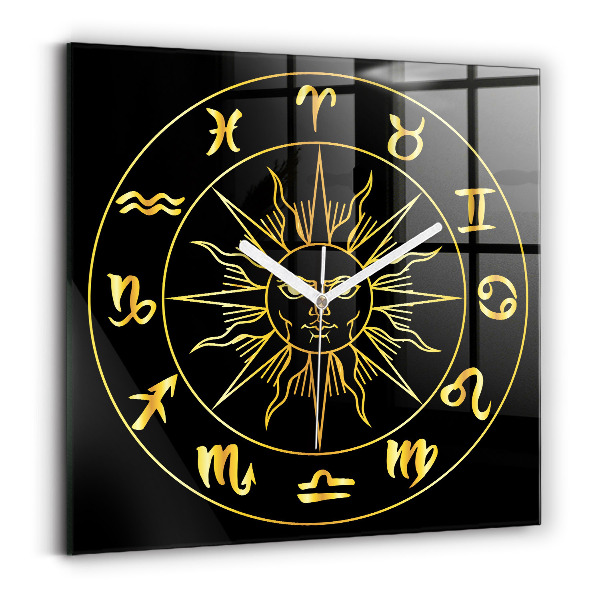 Zegar ścienny nowoczesny Złote znaki zodiaku ze słońcem